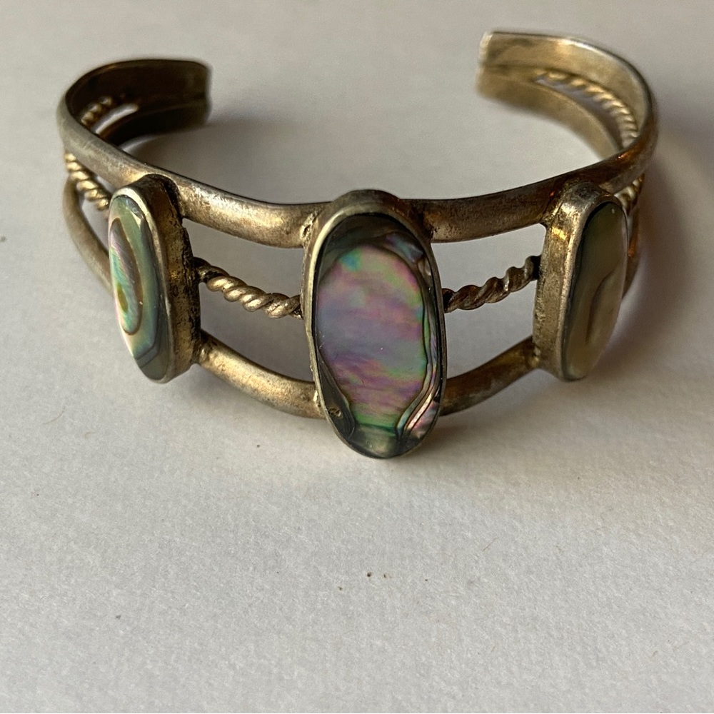 Vintage Metal and Abalone Shell Bangle Cuff